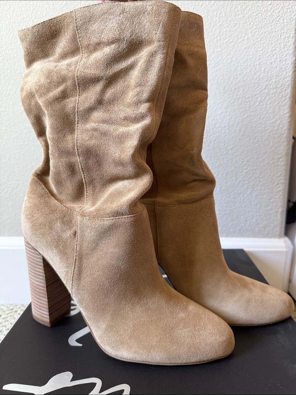 Banana Republic Davida Tan Suede Slouchy Mid-Calf Block Heel Boots